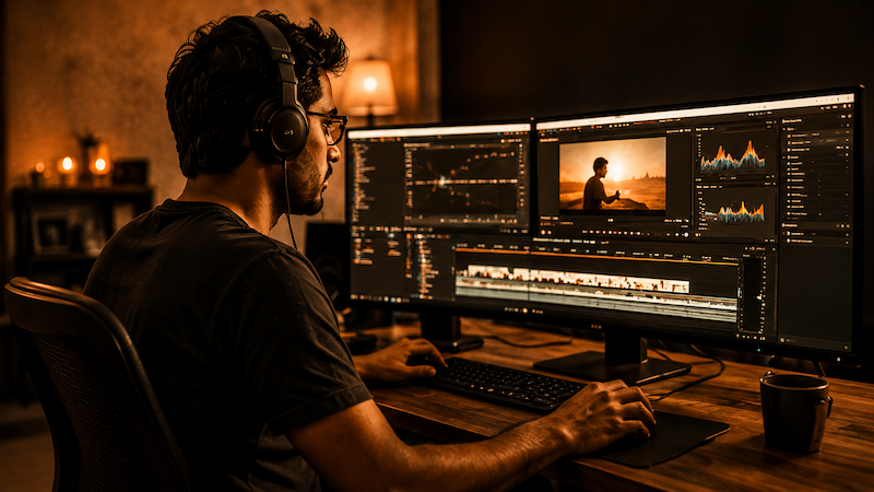 Solo video editor working at an edit desk
