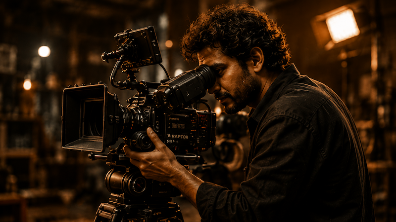 Cinematographer operating a cinema camera