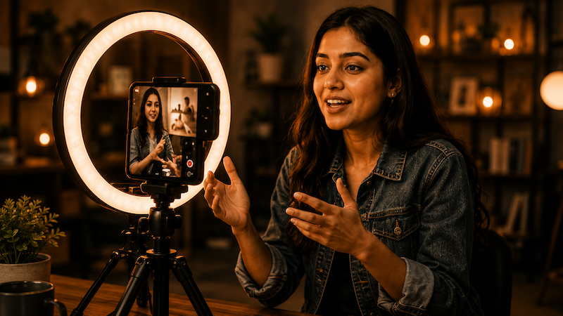 Content creator filming with a ring light